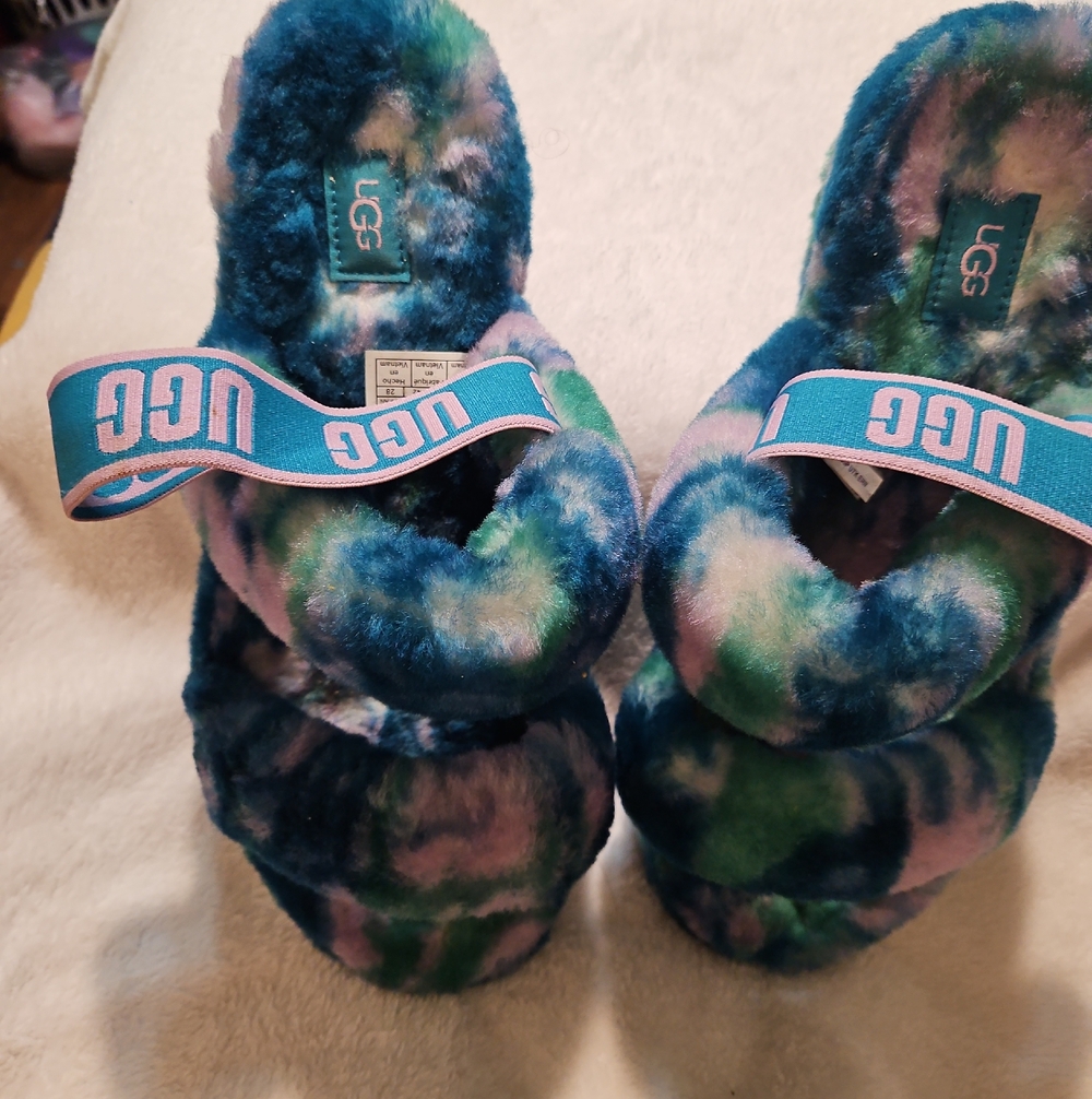 UGG Multicolor Plush Slide Sandals - Blue, Pink, Green